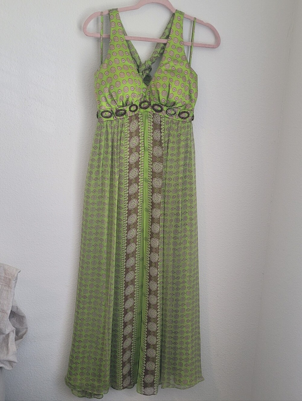 RB Collection New York Silk Blend Boho Maxi Dress Lime Green Patterned Sz 6 Y2K